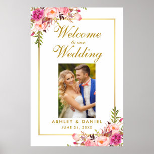 Floral Pink Blush Gold Wedding Welcome Photo Poster