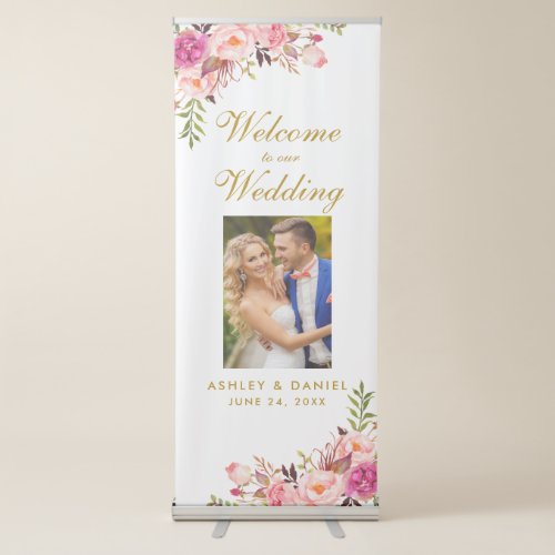 Floral Pink Blush Gold Wedding Welcome Photo Retractable Banner