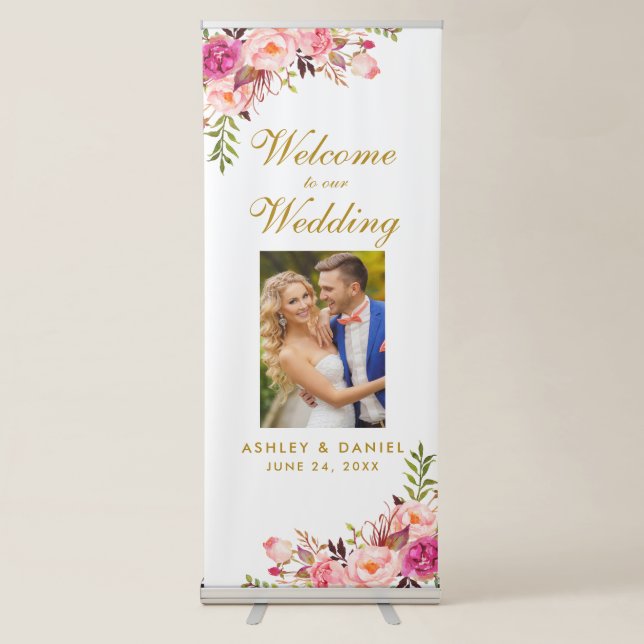 Floral Pink Blush Gold Wedding Welcome Photo Retractable Banner (Front)