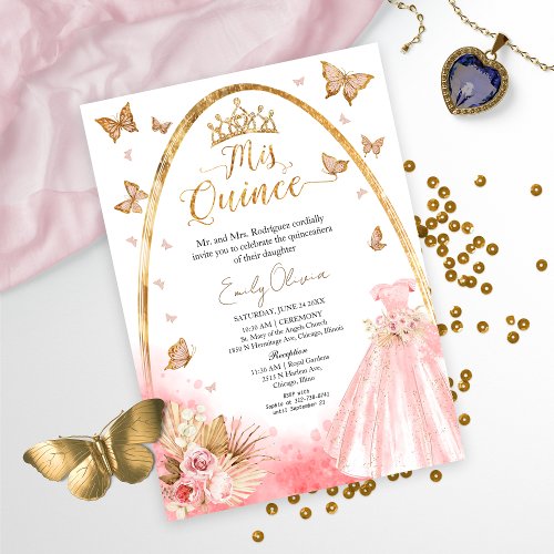 Floral Pink Blush Gown Quinceanera Invitation