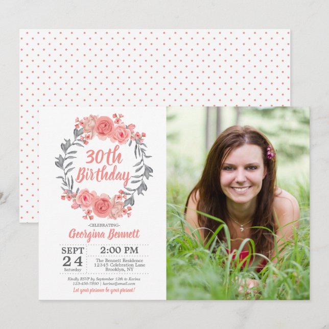 Floral Pink Blush Gray Any Age Photo Birthday Invitation (Front/Back)