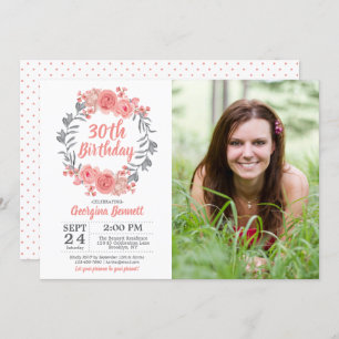 Floral Pink Blush Gray Any Age Photo Birthday Invitation