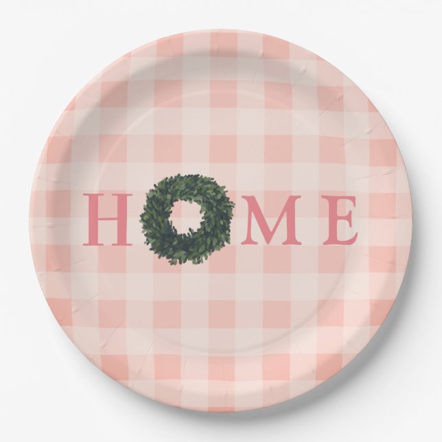 Floral Pink Blush “HOME” Typography Farmhouse Paper Plates (Front)