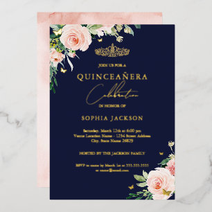 Floral Pink Blush Navy Quinceanera Birthday Foil Invitation