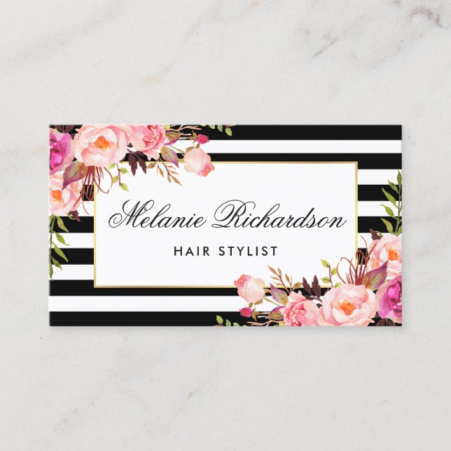 Floral Pink Blush Stripes Hair Stylist Appointment Card (Front)
