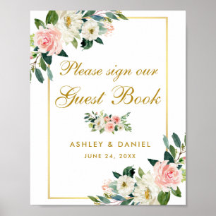 Floral Pink Blush Wedding Gold Guest Book