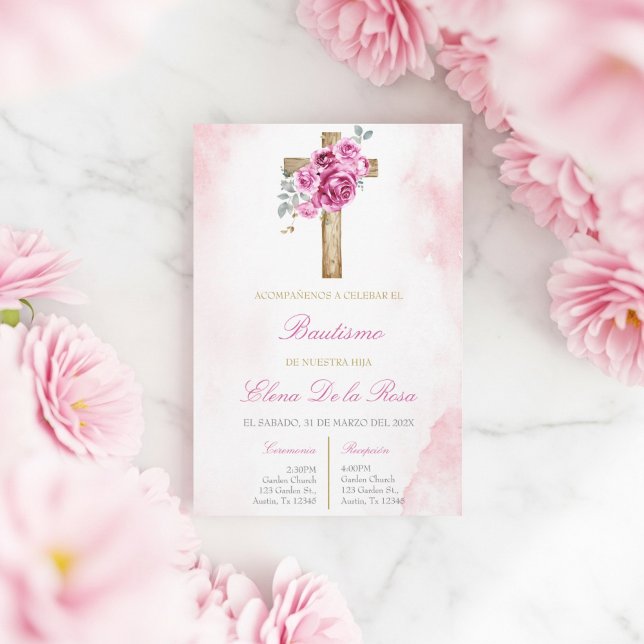 Floral Pink blush with cross baptism  Invitation (Creator Uploaded)