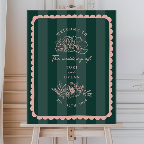 Floral Pink Border Stripe Wedding Welcome Foam Board