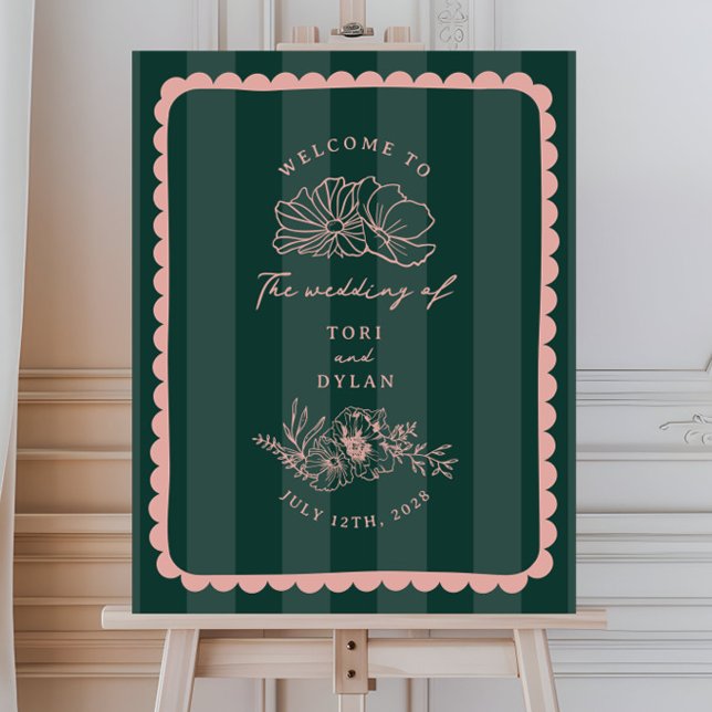 Floral Pink Border Stripe Wedding Welcome Foam Board (Creator Uploaded)
