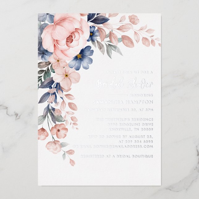 Floral Pink Botanical Bridal Shower Silver Foil Invitation (Front)