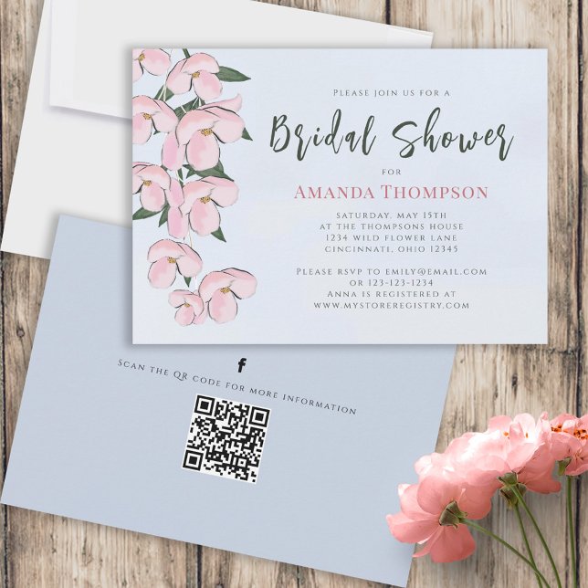 Floral Pink Botanical Cherry Blossoms QR Code Invitation (Creator Uploaded)