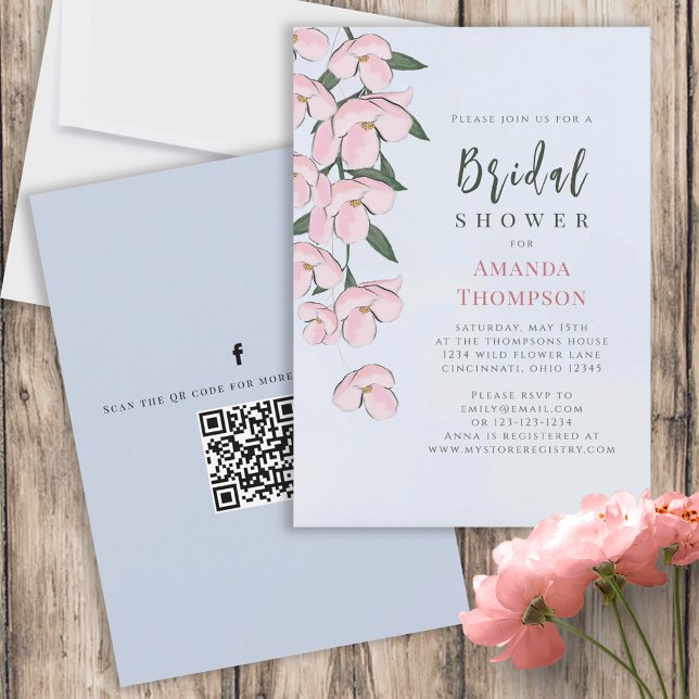 Floral Pink Botanical Cherry Blossoms QR Code Invitation (Creator Uploaded)