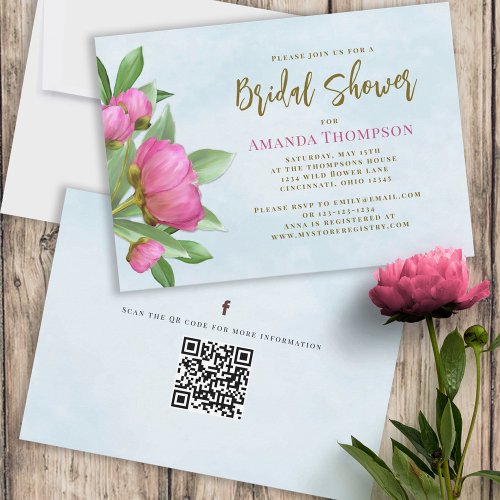 Floral Pink Botanical Elegant Peonies QR Code Invitation