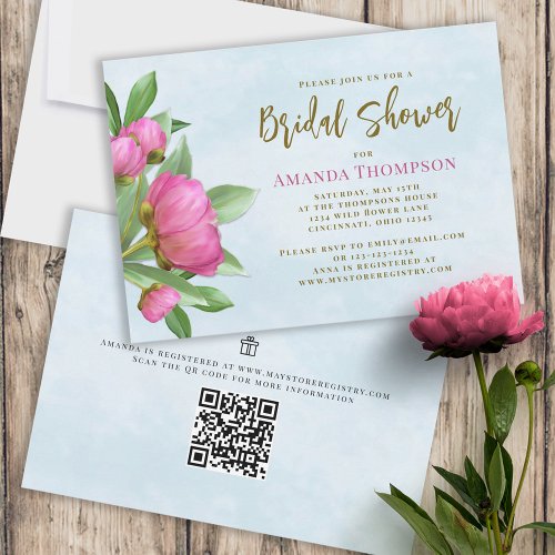 Floral Pink Botanical Elegant Peonies QR Code Invitation