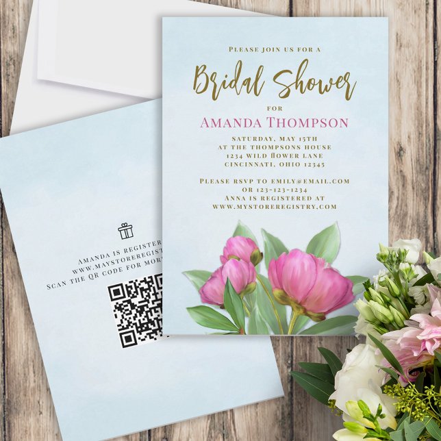 Floral Pink Botanical Elegant Peonies QR Code Invitation (Creator Uploaded)