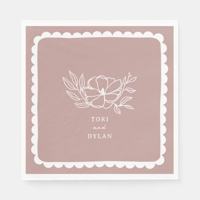 Floral Pink Botanical Scalloped Wedding Napkins (Front)