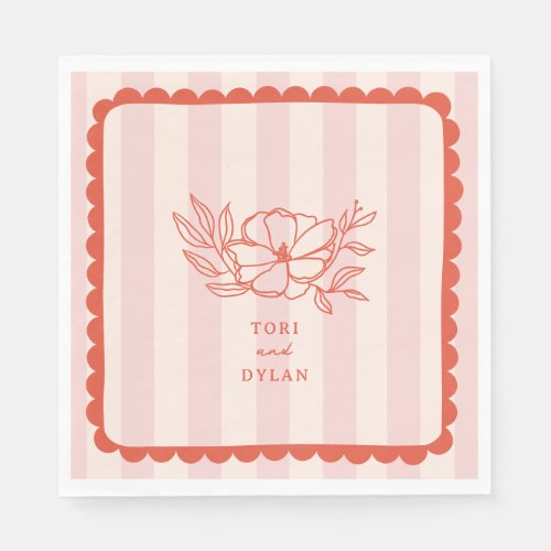 Floral Pink Botanical Stripe Wedding Napkins