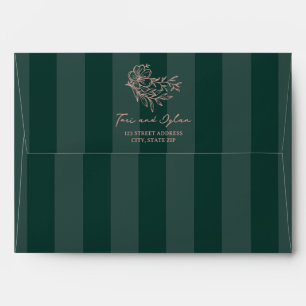 Floral Pink Bouquet Green Stripe Wedding Envelope