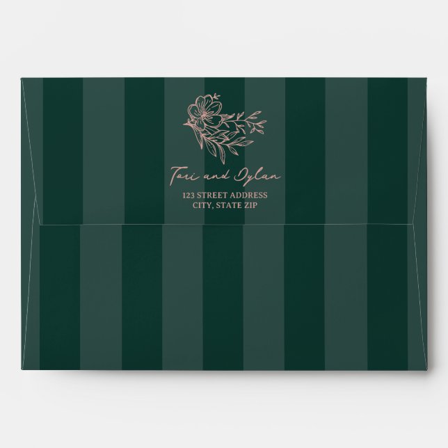 Floral Pink Bouquet Green Stripe Wedding Envelope (Back (Top Flap))