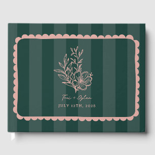Floral Pink Bouquet Green Stripe Wedding Guest Book
