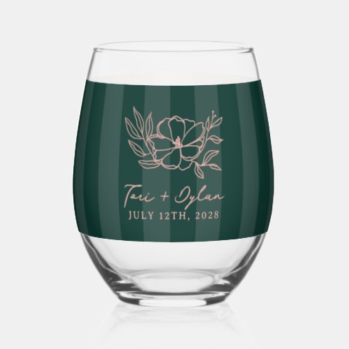 Floral Pink Bouquet Green Stripe Wedding Stemless Wine Glass