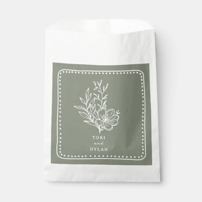Floral Pink Bouquet Sage Green Wedding Favor Bag (Front)