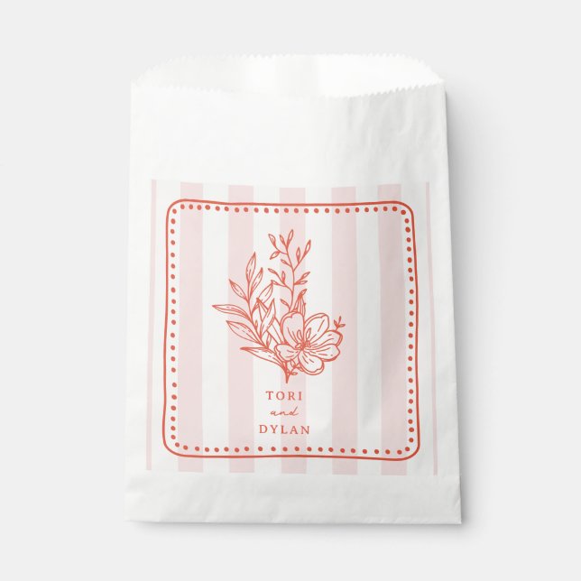 Floral Pink Bouquet Stripe Wedding Favor Bag (Front)