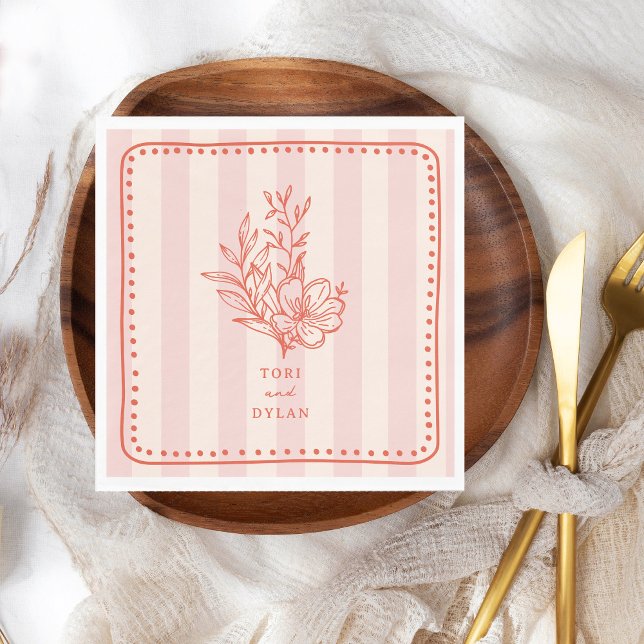 Floral Pink Bouquet Stripe Wedding Napkins (Creator Uploaded)