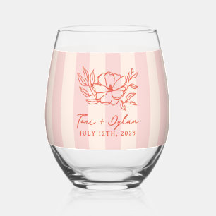 Floral Pink Bouquet Stripe Wedding Stemless Wine Glass
