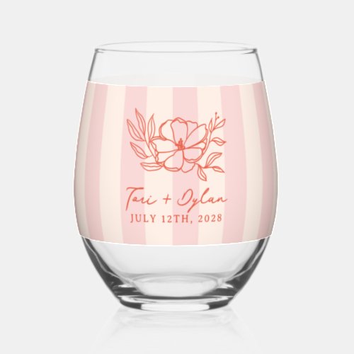 Floral Pink Bouquet Stripe Wedding Stemless Wine Glass