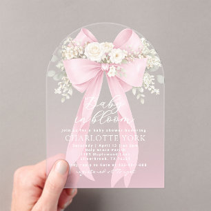 Floral Pink Bow Baby in Bloom Baby Shower Acrylic Invitations