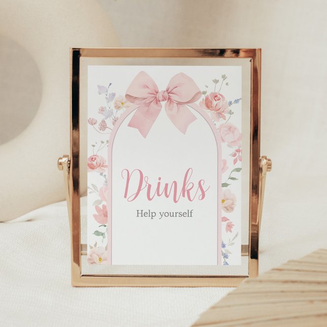 Floral Pink Bow Baby in Bloom Baby Shower Drinks Poster (Pink Bow Baby in Bloom Baby Shower Drinks Sign)