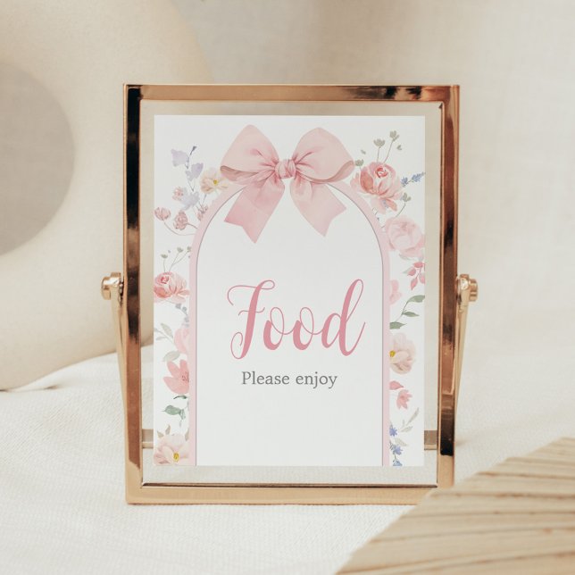 Floral Pink Bow Baby in Bloom Baby Shower Food Poster (Pink Bow Baby in Bloom Baby Shower Food Sign)