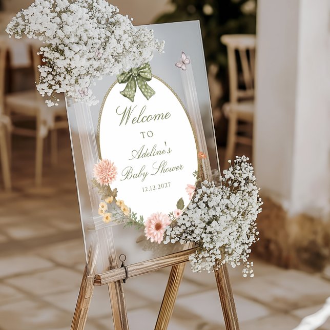 Floral Pink Bow Baby in Bloom Baby Shower Welcome Acrylic Sign (Creator Uploaded)