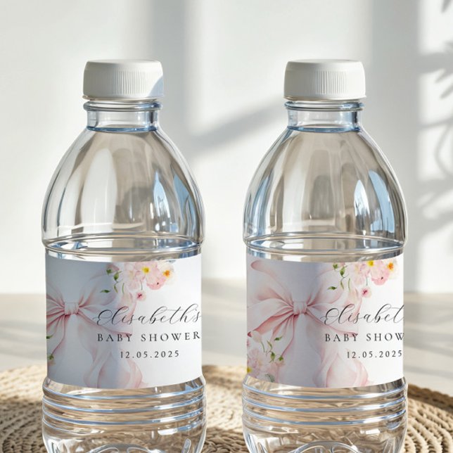 Floral Pink Bow Baby Shower Favor Bag Water Bottle Label (Creator Uploaded)