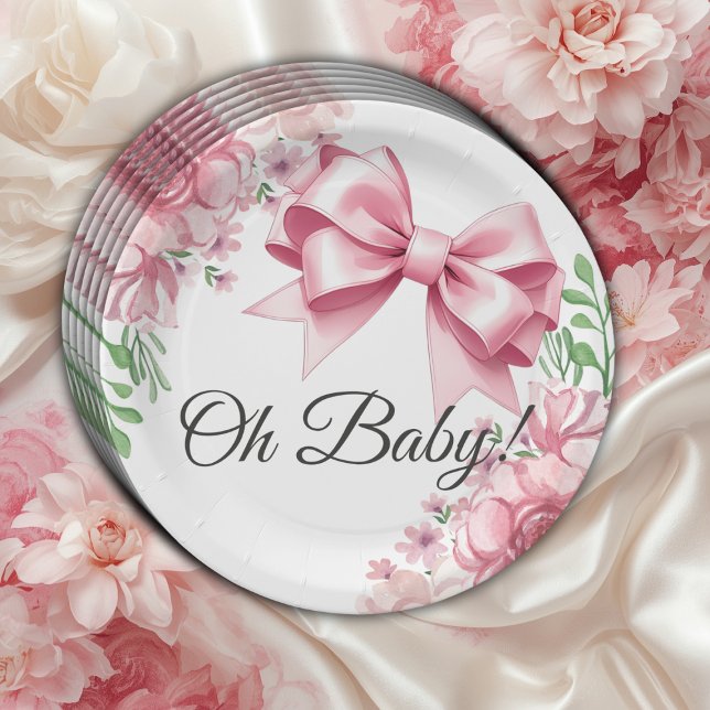 Floral Pink Bow Baby Shower Paper Plates (Creator Uploaded)