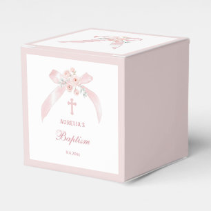 Floral Pink Bow Baptism Cube Favor Boxes
