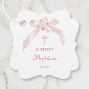 Floral Pink Bow Baptism Favor Tags