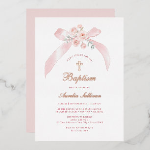 Floral Pink Bow Baptism Foil Invitation