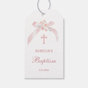 Floral Pink Bow Baptism Gift Tags