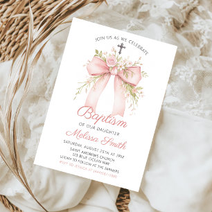 Floral Pink Bow Baptism Invitation