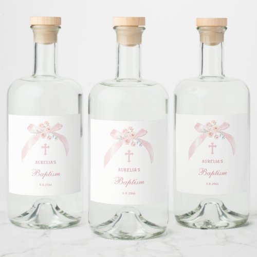 Floral Pink Bow Baptism Liquor Bottle Label
