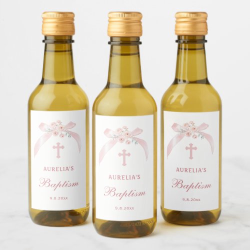 Floral Pink Bow Baptism Mini Wine Label