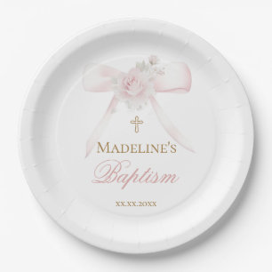 floral pink bow Baptism Paper Plates