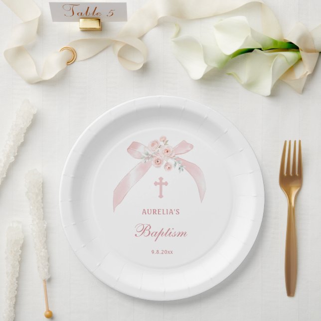Floral Pink Bow Baptism Paper Plates (Wedding)