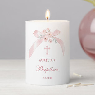 Floral Pink Bow Baptism Pillar Candle