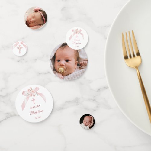 Floral Pink Bow Baptism Table Confetti