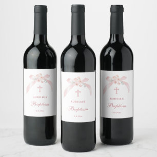 Floral Pink Bow Baptism Wine Label