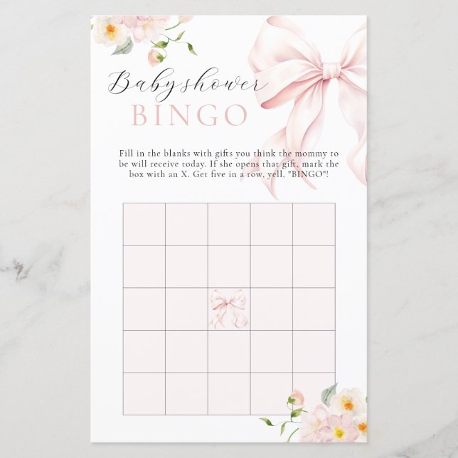 Floral Pink Bow Bloom Baby Shower Gift Bingo Game (Front)