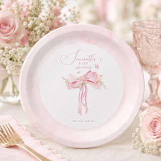 Floral Pink Bow Coquette Garden baby shower Paper Plates